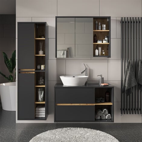 Meuble de rangement de salle de bain Viola, Anthracite, 50 x 170 cm avec portes, et compartiments ouverts, Vicco