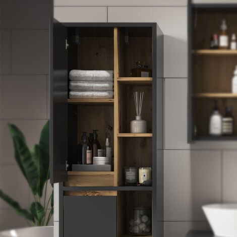 Meuble de rangement de salle de bain Viola, Anthracite, 50 x 170 cm avec portes, et compartiments ouverts, Vicco