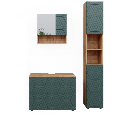 Ensemble de meubles de salle de bain Irma, Vert, 3 pièces, avec armoire à tiroirs et armoire haute, Vicco
