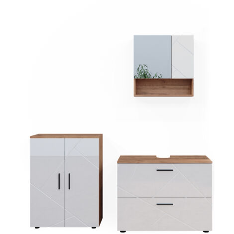 Ensemble de meubles de salle de bain Irma, Blanc brillant/Chêne doré, 3 parties, Vicco