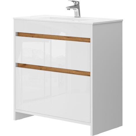 Vicco – Ensemble de meubles de salle de bain 80 cm – Meuble bas avec tiroirs Soft-Close – Surface en mélamine – Blanc, 2 pièces (1/5)