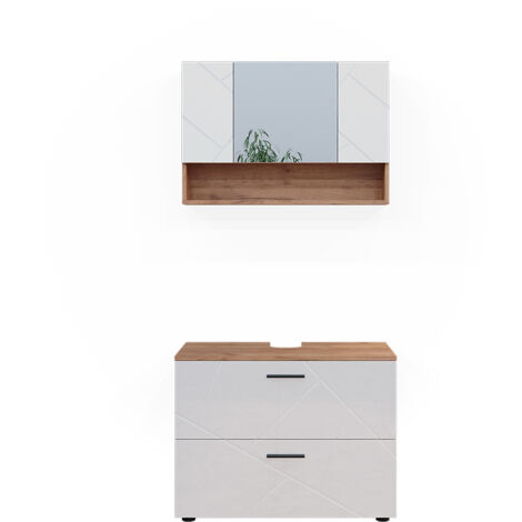 Ensemble de meubles de salle de bain Irma, Blanc brillant/Chêne doré, 2 pièces, armoire basse 80 cm, Vicco