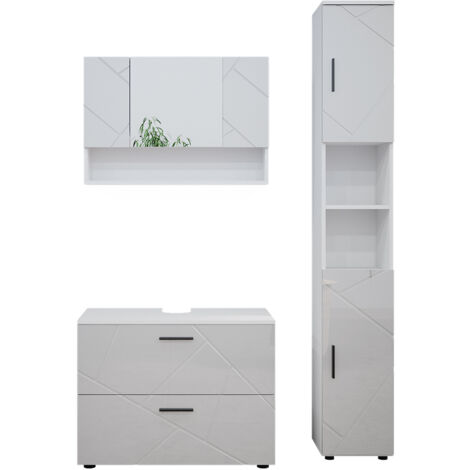 Ensemble de meubles de salle de bain Irma, Blanc Haute brillance, 3 pièces, armoire basse 80 cm, Vicco