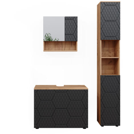 Ensemble de meubles de salle de bain Irma, Anthracite rayé, 3 pièces, avec armoire à tiroirs et armoire haute, Vicco