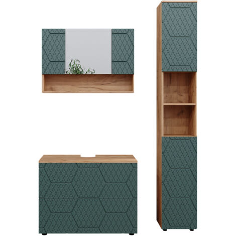 Ensemble de meubles de salle de bain Irma, Vert, 3 pièces, avec armoire de toilette 80 cm, Vicco