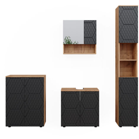 Ensemble de meubles de salle de bain Irma, Anthracite rayé, 4 pièces, avec armoire haute et commode, Vicco