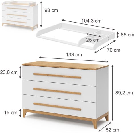 Commode à langer Malia, Blanc, 133 x 98 cm XL avec 3 tiroirs, Vitalispa