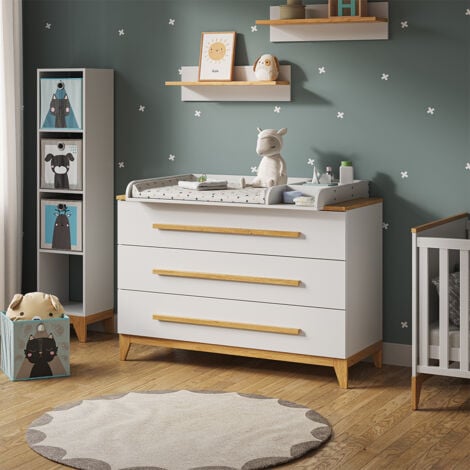 Commode à langer Malia, Blanc, 133 x 98 cm XL avec 3 tiroirs, Vitalispa