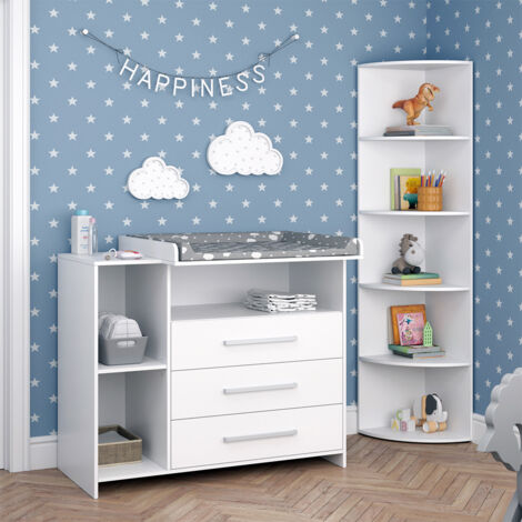 Ensemble pour chambre d'enfant Oskar, Blanc, 2 pièces, avec commode à langer et étagère à jouets, Vicco