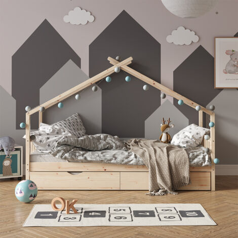 Lit Cabane Enfant VitaliSpa Wiki 80x160 Cm - Avec Matelas - Bois Massif Naturel