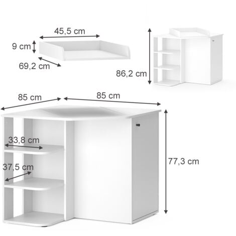 Commode à langer Kristian, Blanc, 85 x 77.3 cm avec porte et compartiments ouverts, Vicco