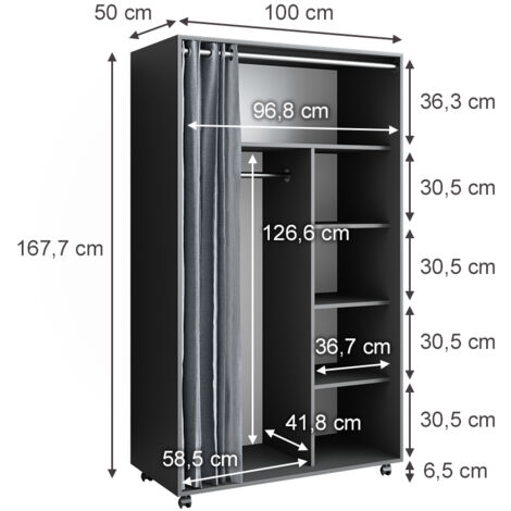 Armoire Doros, Gris, 100 x 168 cm avec roulettes, Vicco
