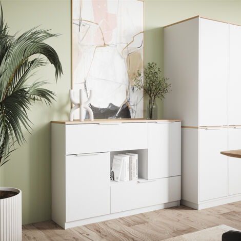 Commode avec tiroirs Betti, Blanc/Sonoma, 120x83.6cm 2x porte, 2x tiroir et 1x compartiment ouvert, Vicco