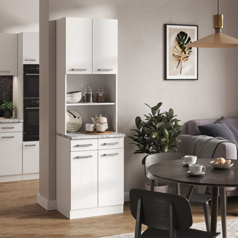 Vicco – Bloc cuisine R-Line – Blanc haute brillance – Plan de travail marbre blanc – Dimensions 60x206.8x60 cm – 2 tiroirs et 4 étagères (1/5)