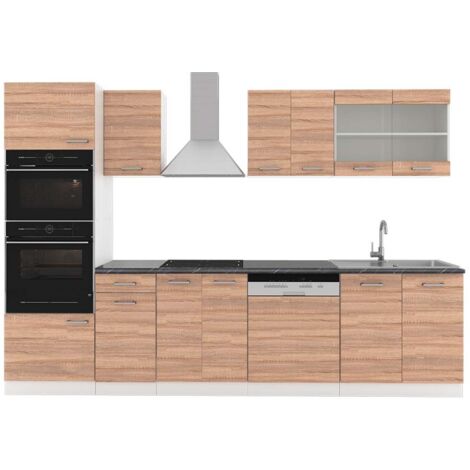 Cuisine R-Line, Sonoma/blanc, 300 cm avec armoire haute, PT Anthracite, Vicco