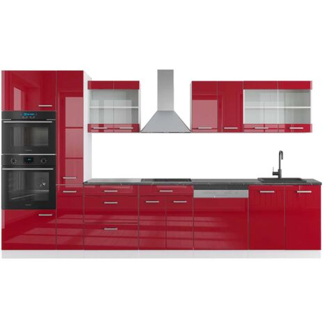 Ligne de cuisine R-Line, rouge brillant/blanc, 350cm avec armoire haute, PT Anthracite, Vicco