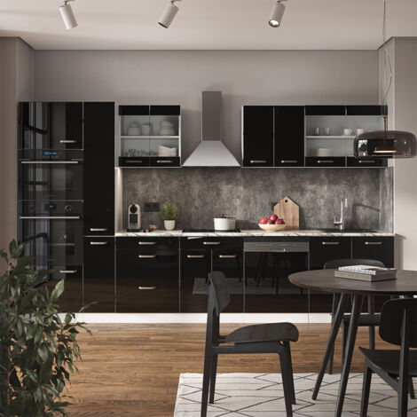 Cuisine R-Line, Noir brillant/Blanc, 350 cm avec armoire haute, sans plan de travail, Vicco