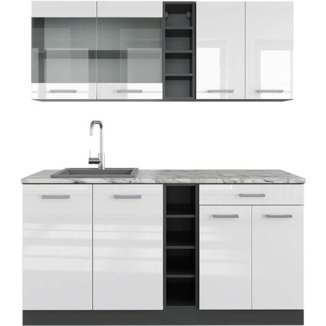 Cuisine R-Line, Blanc brillant/Anthracite, 160 cm , PT Marbre, Vicco