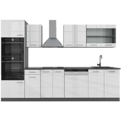 Cuisine R-Line, Blanc brillant/Anthracite, 300 cm avec armoire haute, PT Anthracite, Vicco