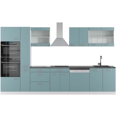 Cuisine R-Line, Bleu-gris/blanc, 350 cm avec armoire haute, PT Anthracite, Vicco