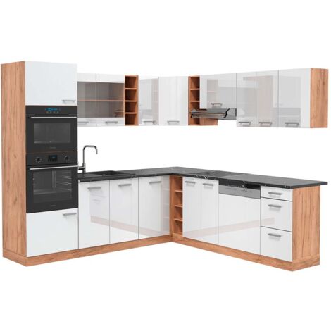 Cuisine en angle R-Line, Blanc brillant/Chêne doré, 237 x 247 cm , PT Anthracite, Vicco