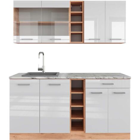 Cuisine R-Line, Blanc brillant/Chêne doré, 160 cm , PT Marbre, Vicco