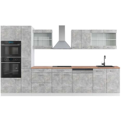 Ligne de cuisine R-Line, Béton/blanc, 350 cm avec armoire haute, PT Chêne, Vicco