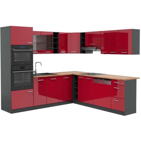 Cuisine en angle R-Line, Rouge brillant/Anthracite, 247x60cm , PT Chêne, Vicco