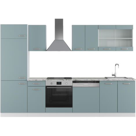 Cuisine R-Line, 300 cm avec armoire haute, PT Marbre, gris noble/blanc Cuisine R-Line, 300 cm avec armoire haute, PT Marbre, gris noble/blanc