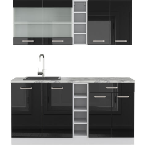 Cuisine R-Line, Noir Haute brillance, 160 cm , PT Marbre, Vicco