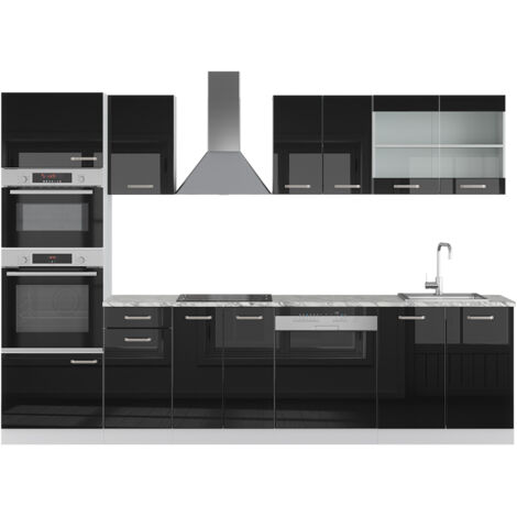 Cuisine R-Line, Noir Haute brillance, 300 cm avec armoire haute, PT Marbre, Vicco
