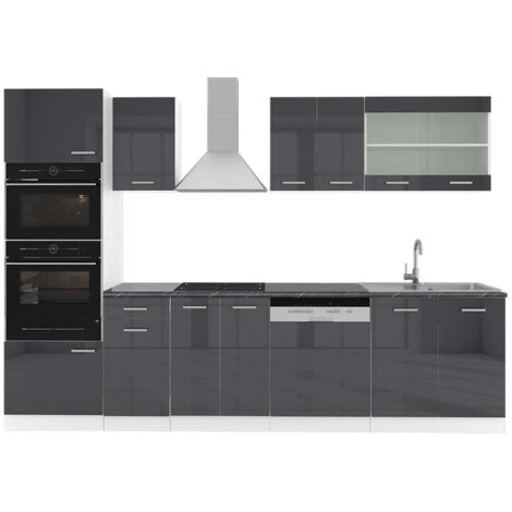 Cuisine R-Line, Anthracite brillant/blanc, 300 cm avec armoire haute, PT Anthracite, Vicco