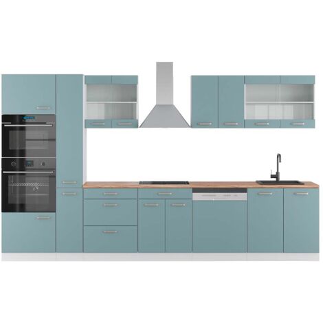 Cuisine R-Line, Bleu-gris/blanc, 350 cm avec armoire haute, PT Chêne, Vicco