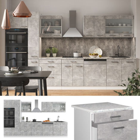 Ligne de cuisine R-Line, Béton/blanc, 350 cm avec armoire haute, PT Anthracite, Vicco