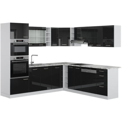 Cuisine en angle R-Line, Noir Haute brillance, 237 x 60 cm , PT Marbre, Vicco