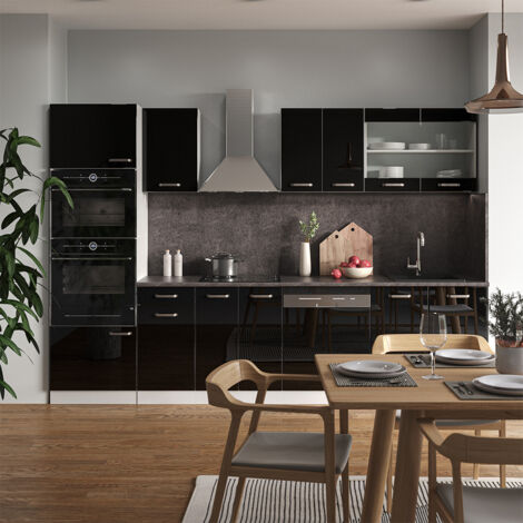 Cuisine R-Line, Noir brillant/Blanc, 300 cm avec armoire haute, sans plan de travail, Vicco