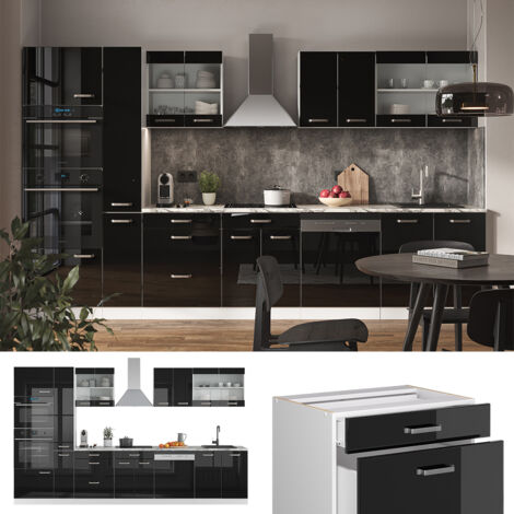 Cuisine R-Line, Chêne noir brillant/blanc, 350 cm avec armoire haute, PT Marbre, Vicco (1/5)