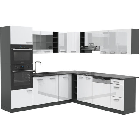 Cuisine en angle R-Line, Blanc brillant/Anthracite, 237 x 247 cm , PT Anthracite, Vicco