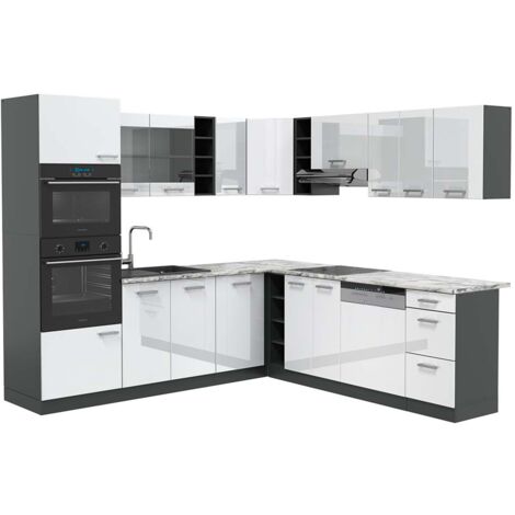 Cuisine en angle R-Line, Blanc brillant/Anthracite, 237 x 247 cm , PT Marbre, Vicco