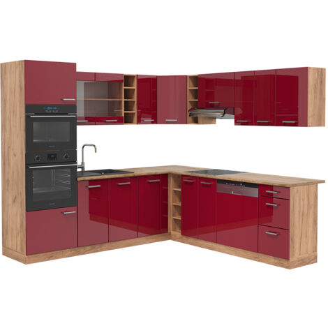 Cuisine en angle R-Line, Rouge brillant/Chêne doré, 247x60cm , PT Chêne, Vicco