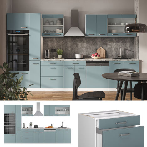 Cuisine R-Line, Bleu-gris/blanc, 350 cm avec armoire haute, PT Marbre, Vicco (1/5)