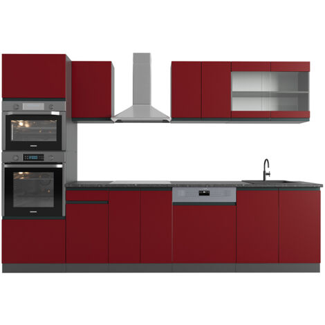 Cuisine R-Line, Rouge/Anthracite, 300 cm avec armoire haute, PT Anthracite, Vicco