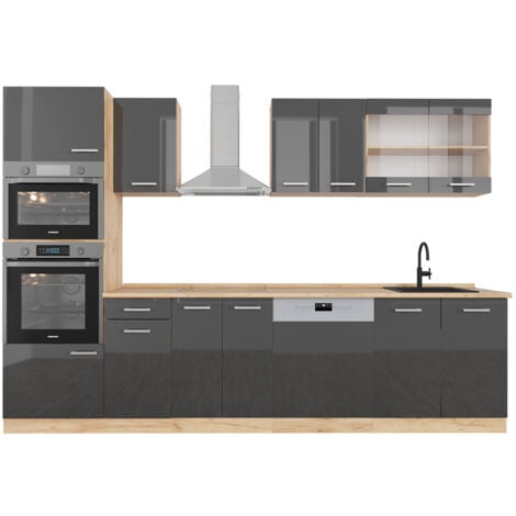 Cuisine R-Line, Anthracite brillant/Chêne doré, 300 cm avec armoire haute, PT Chêne, Vicco