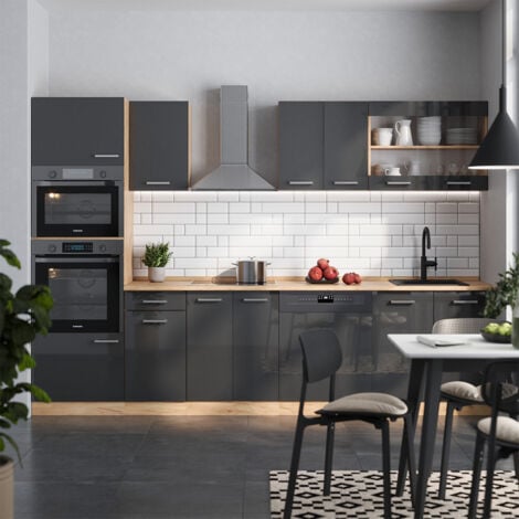 Cuisine R-Line, Anthracite brillant/Chêne doré, 300 cm avec armoire haute, PT Chêne, Vicco