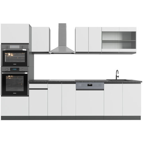 Cuisine R-Line, blanc/anthracite, 300 cm avec armoire haute, PT Anthracite, Vicco