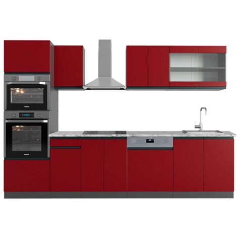 Cuisine R-Line, Rouge/Anthracite, 300 cm avec armoire haute, PT Marbre, Vicco