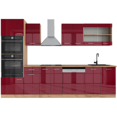 Cuisine R-Line, Rouge brillant/Chêne doré, 300cm avec armoire haute, PT Chêne, Vicco