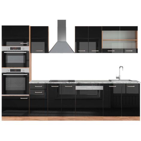 Cuisine R-Line, Noir brillant/Chêne doré, 300 cm avec armoire haute, PT Marbre, Vicco