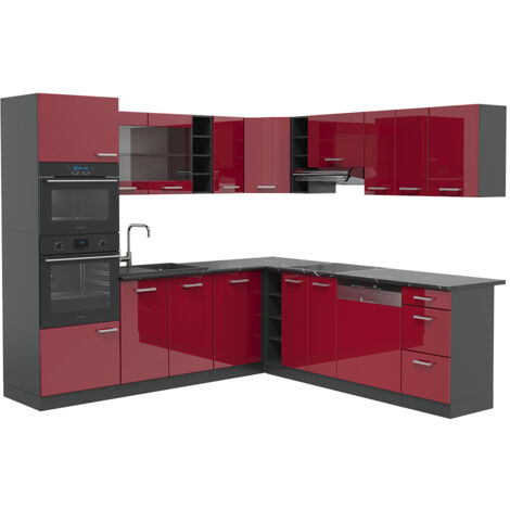 Cuisine en angle R-Line, Rouge brillant/Anthracite, 247x60cm , PT Anthracite, Vicco