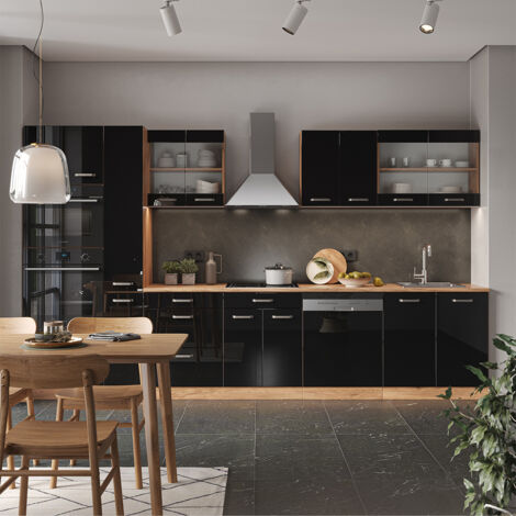 Cuisine R-Line, Noir brillant/Chêne doré, 350 cm avec armoire haute, sans plan de travail, Vicco (1/5)